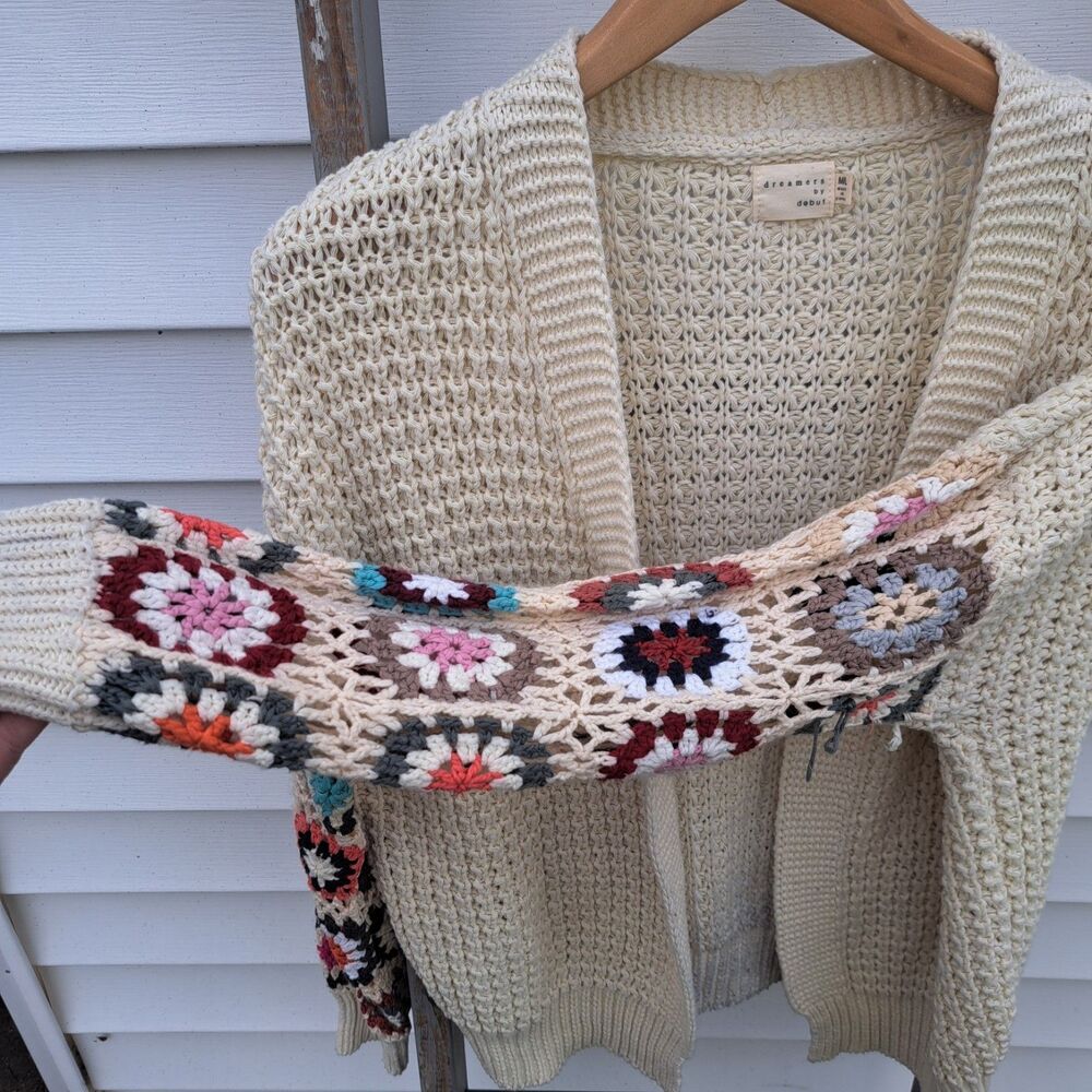 Dreamers by Debut Cream Crochet Granny Square Sleeve Cardigan Sweater M/Large - Picture 2 of 10